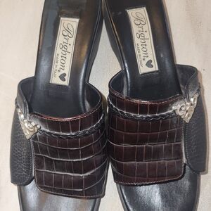 Brighton Women's Black and Brown Mules with Silver Accents